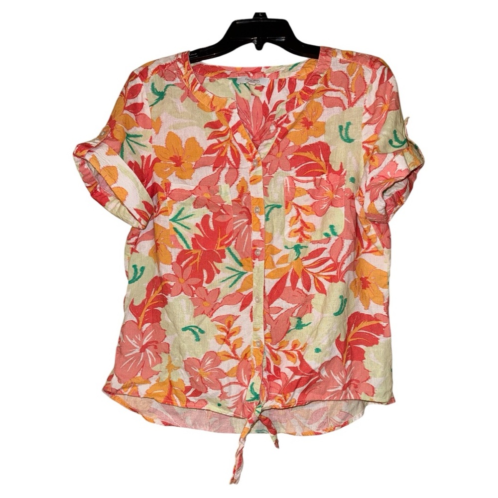 Coral Bay Womenโs Linenโ Hawaiian Blouse Floral Tie Resort Petite Large Vacation